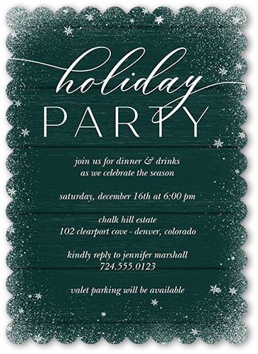 Snowy Winter Holiday Invitation, Green, 5x7 Flat, Holiday, Pearl Shimmer Cardstock, Scallop