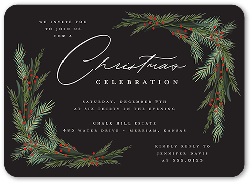 Wintergreen Frame Holiday Invitation, Black, 5x7 Flat, Christmas, 100% Recycled Cardstock ?, Rounded