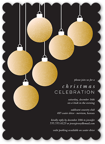 Editable Ornaments Holiday Invitation, Black, 5x7 Flat, Christmas, Pearl Shimmer Cardstock, Scallop