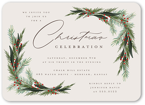 Wintergreen Frame Holiday Invitation, Beige, 5x7 Flat, Christmas, Pearl Shimmer Cardstock, Rounded, Antique White