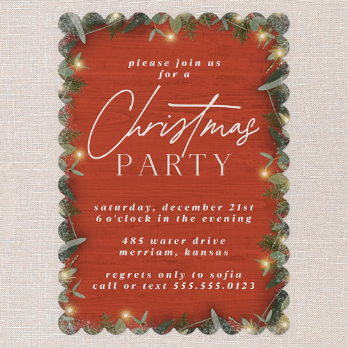 Holly Lights Holiday Invitation, Red, 5x7 Flat, Christmas, Pearl Shimmer Cardstock, Scallop