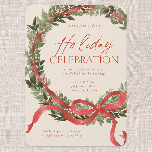 Timeless Wreath Holiday Invitation, Beige, 5x7 Flat, Write Your Own Greeting, Standard Smooth Cardstock, Rounded