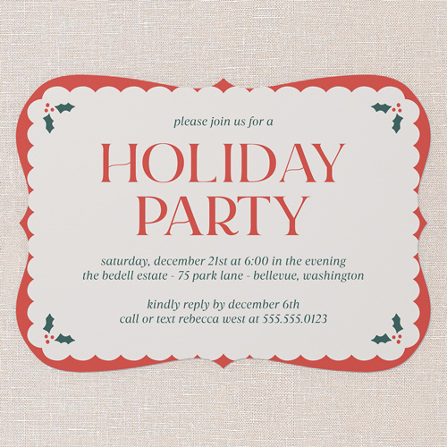 Holly Overlay Holiday Invitation, Red, 5x7 Flat, Holiday, Pearl Shimmer Cardstock, Bracket