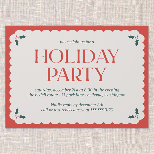 Holly Overlay Holiday Invitation, Red, 5x7 Flat, Holiday, Pearl Shimmer Cardstock, Square