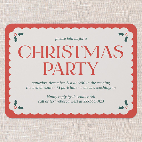 Holly Overlay Holiday Invitation, Red, 5x7 Flat, Christmas, Matte, Signature Smooth Cardstock, Rounded