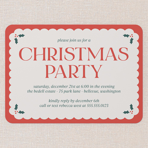 Holly Overlay Holiday Invitation, Red, 5x7 Flat, Christmas, Standard Smooth Cardstock, Rounded