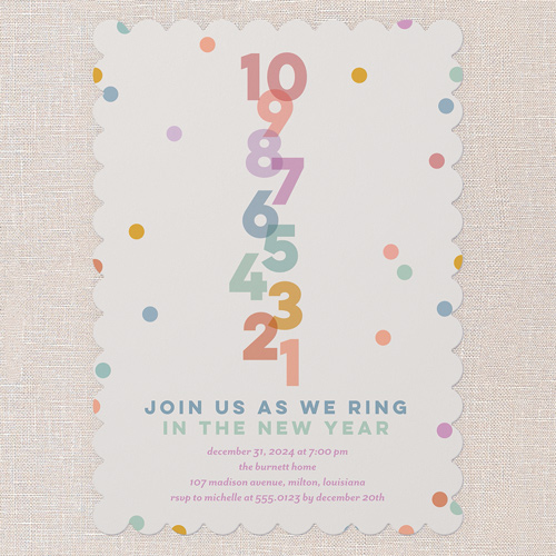 Chromatic Confetti Holiday Invitation, White, 5x7 Flat, New Year, Matte, Signature Smooth Cardstock, Scallop