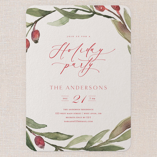 Berry Wreath Invite Holiday Invitation, Beige, 5x7 Flat, Holiday, Pearl Shimmer Cardstock, Rounded, Beige