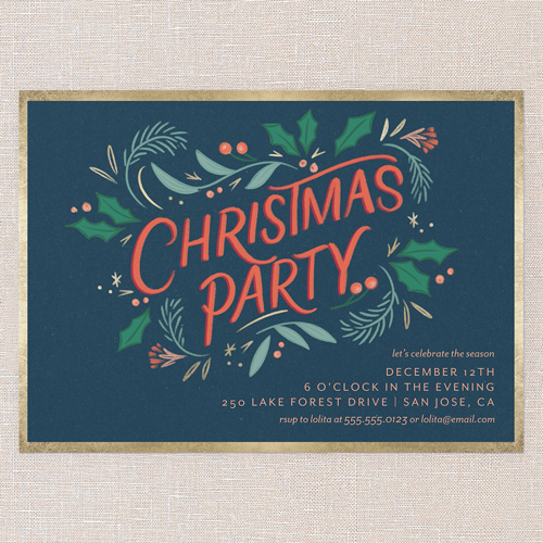 Holly Gathering Holiday Invitation, Blue, 5x7 Flat, Christmas, Pearl Shimmer Cardstock, Square, Indigo