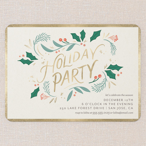 Holly Gathering Holiday Invitation, Beige, 5x7 Flat, Holiday, Pearl Shimmer Cardstock, Rounded, Beige