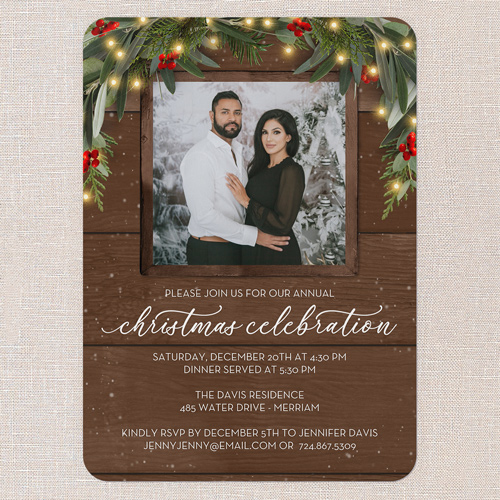 Evergreen Glow Holiday Invitation, Brown, 5x7 Flat, Christmas, Matte, Signature Smooth Cardstock, Rounded, Chocolate