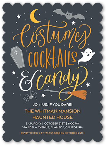 Costumes and Cocktails Halloween Invitation, Gray, 5x7 Flat, Pearl Shimmer Cardstock, Scallop