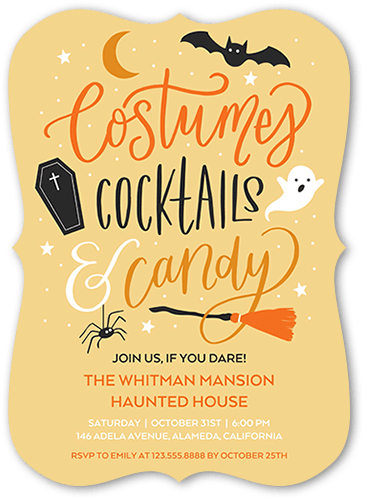 Costumes and Cocktails Halloween Invitation, Yellow, 5x7 Flat, Matte, Signature Smooth Cardstock, Bracket