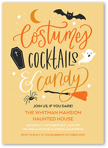 Costumes and Cocktails Halloween Invitation, Yellow, 5x7 Flat, Luxe Double-Thick Cardstock, Square