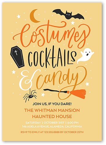 Costumes and Cocktails Halloween Invitation, Yellow, 5x7 Flat, Standard Smooth Cardstock, Square