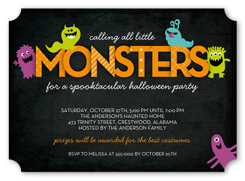 Mini Monsters Halloween Invitation, Black, Pearl Shimmer Cardstock, Ticket