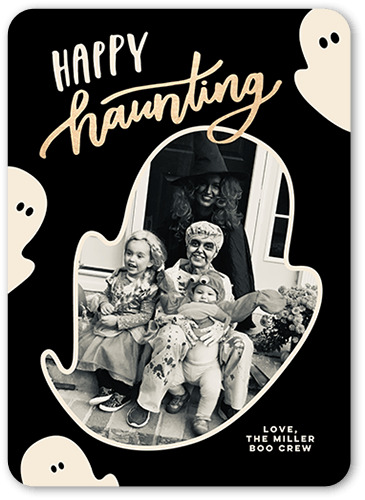 Happy Haunting Halloween Card, Black, 5x7 Flat, Pearl Shimmer Cardstock, Rounded