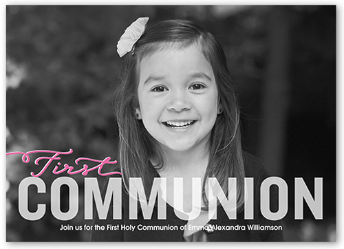 Bold Type Girl Communion Invitation, Pink, 100% Recycled Cardstock , Square