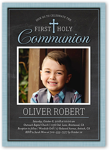 First Holy Boy Communion Invitation, Blue, Pearl Shimmer Cardstock, Square