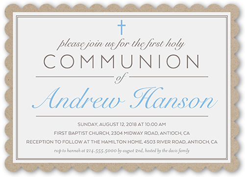 Holy Elegance Boy Communion Invitation, White, Pearl Shimmer Cardstock, Scallop