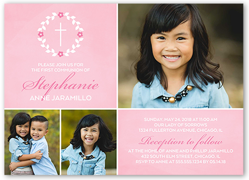 Simple Immersion Girl Communion Invitation, Pink, Pearl Shimmer Cardstock, Square