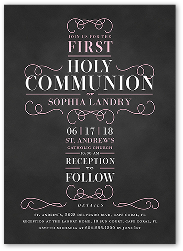 Christening Cross Girl Communion Invitation, Pink, Luxe Double-Thick Cardstock, Square