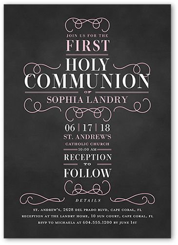 Christening Cross Girl Communion Invitation, Pink, Pearl Shimmer Cardstock, Square