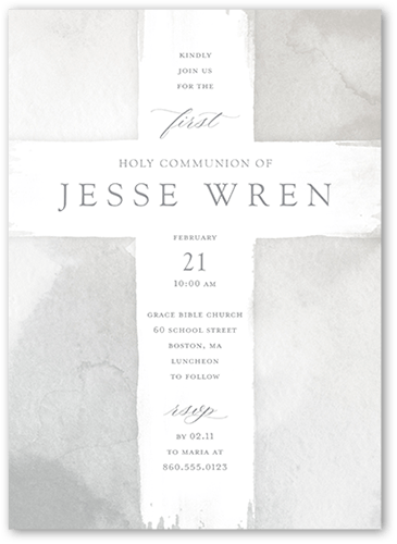 Watercolor Cross Boy Communion Invitation, Grey, 5x7 Flat, Standard Smooth Cardstock, Square