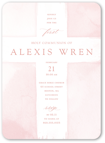 Watercolor Cross Girl Communion Invitation, Pink, 5x7 Flat, 100% Recycled Cardstock , Rounded