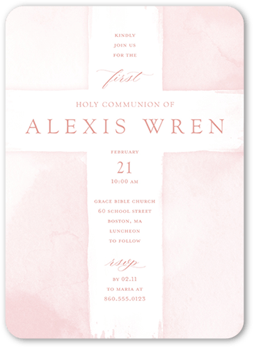 Watercolor Cross Girl Communion Invitation, Pink, 5x7 Flat, Standard Smooth Cardstock, Rounded