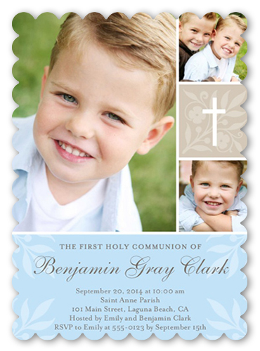 Floral Cross Boy Communion Invitation, Blue, Pearl Shimmer Cardstock, Scallop