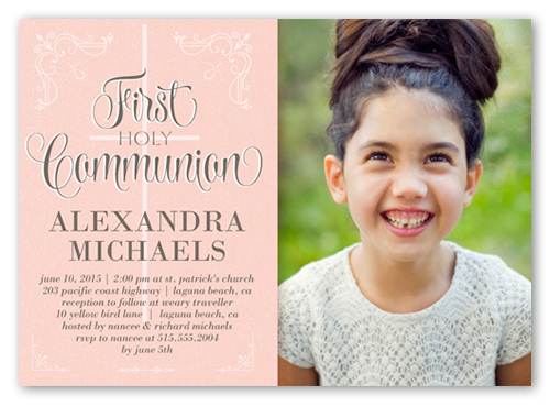 Decorative Borders Girl Communion Invitation, Pink, 100% Recycled Cardstock , Square