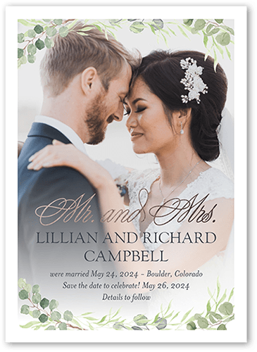 Blossoming Date Wedding Announcement, White, 5x7 Flat, 100% Recycled Cardstock , Square