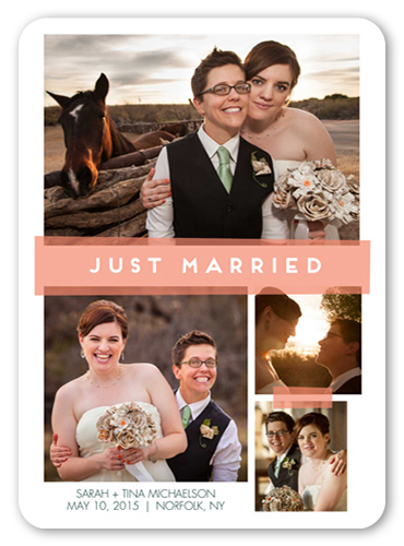 Just Married Tape Wedding Announcement, Pink, Pearl Shimmer Cardstock, Rounded