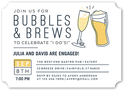 Brews I Dos Engagement Party Invitation, White, 5x7 Flat, Pearl Shimmer Cardstock, Ticket, White