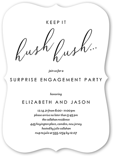 Hush Hush Engagement Party Invitation, White, 5x7, Pearl Shimmer Cardstock, Bracket