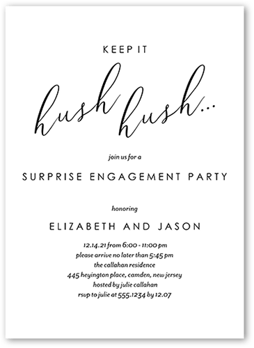 Hush Hush Engagement Party Invitation, White, 5x7 Flat, Pearl Shimmer Cardstock, Square