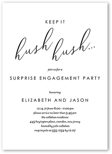 Hush Hush Engagement Party Invitation, White, 5x7 Flat, Matte, Signature Smooth Cardstock, Square