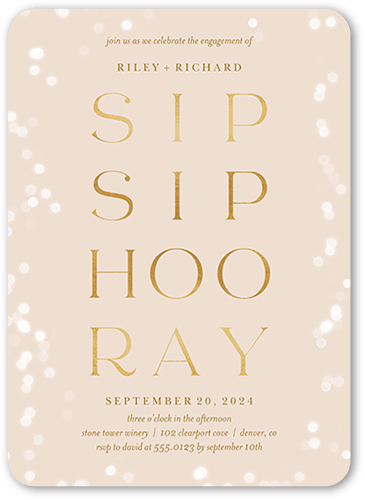 Sip And Hooray Engagement Party Invitation, Pink, 5x7 Flat, Pearl Shimmer Cardstock, Rounded, Blush