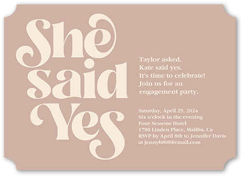 Said Yes Engagement Party Invitation, Brown, 5x7 Flat, Pearl Shimmer Cardstock, Ticket