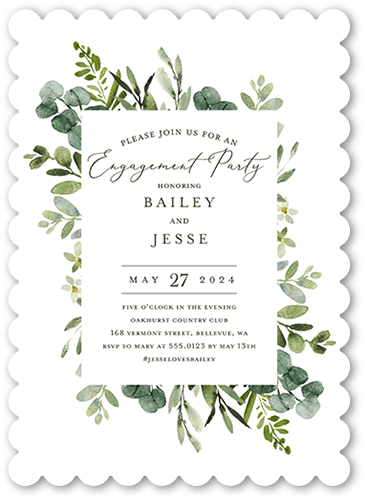 Soft Sprouts Engagement Party Invitation, White, 5x7 Flat, Pearl Shimmer Cardstock, Scallop