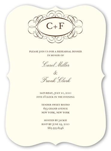 Fancy Monogram Cream Rehearsal Dinner Invitation, Beige, Pearl Shimmer Cardstock, Bracket