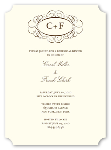 Fancy Monogram Cream Rehearsal Dinner Invitation, Beige, Matte, Signature Smooth Cardstock, Ticket