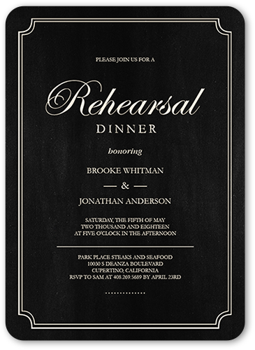 Elegant Commitment Rehearsal Dinner Invitation, Black, Pearl Shimmer Cardstock, Rounded