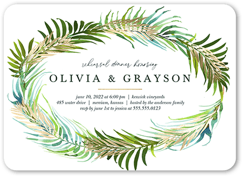 Simple Fronds Rehearsal Dinner Invitation, White, 5x7 Flat, Matte, Signature Smooth Cardstock, Rounded