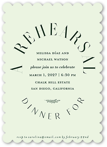 Refined Request Rehearsal Dinner Invitation, Green, 5x7 Flat, Pearl Shimmer Cardstock, Scallop
