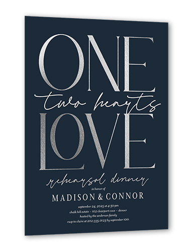 One Love Rehearsal Dinner Invitation, Blue, Silver Foil, 5x7 Flat, Luxe Double-Thick Cardstock, Square, Navy