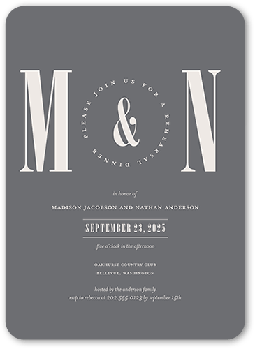 Pleasant Pair Rehearsal Dinner Invitation, Gray, 5x7 Flat, Matte, Signature Smooth Cardstock, Rounded
