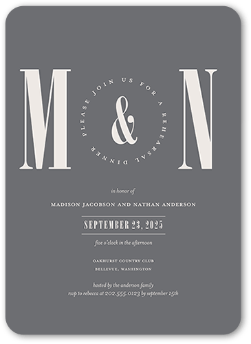 Pleasant Pair Rehearsal Dinner Invitation, Gray, 5x7 Flat, Standard Smooth Cardstock, Rounded