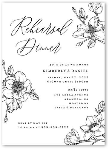 Marvelous Magnolia Rehearsal Dinner Invitation, White, 5x7 Flat, Standard Smooth Cardstock, Square